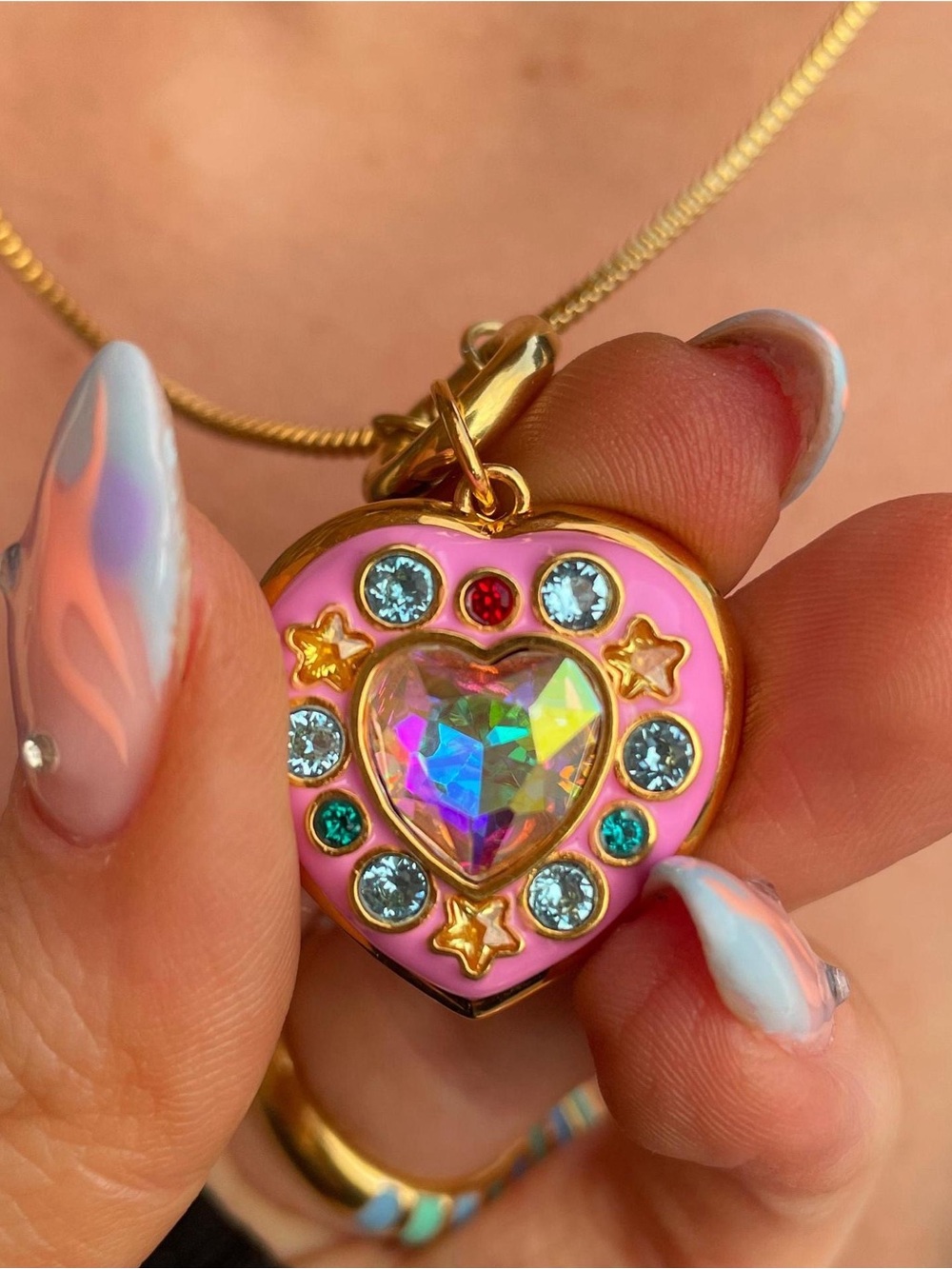 Gold-Tone Pink Heart Pendant Necklace with Iridescent Crystal